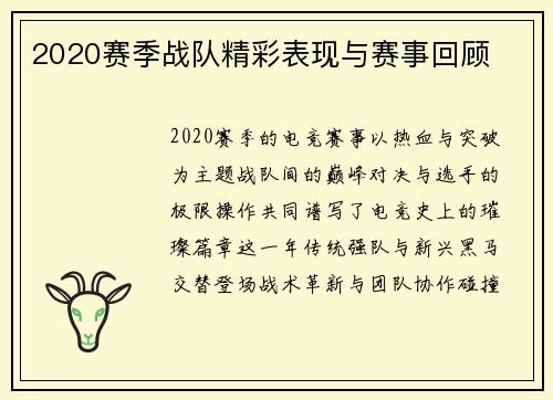 2020赛季战队精彩表现与赛事回顾