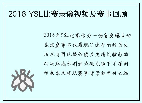 2016 YSL比赛录像视频及赛事回顾