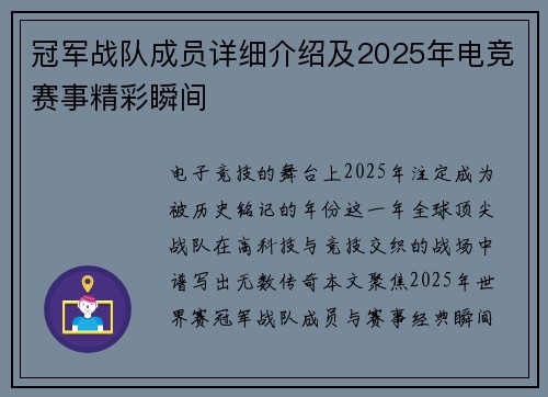 冠军战队成员详细介绍及2025年电竞赛事精彩瞬间