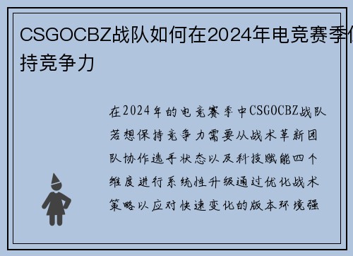 CSGOCBZ战队如何在2024年电竞赛季保持竞争力