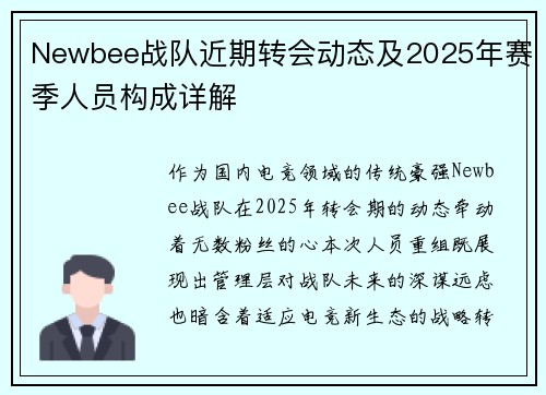 Newbee战队近期转会动态及2025年赛季人员构成详解