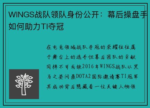 WINGS战队领队身份公开：幕后操盘手如何助力TI夺冠